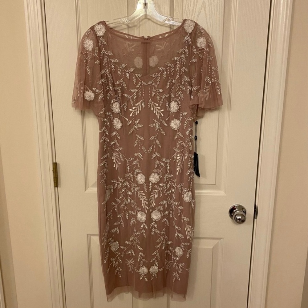 Adrianna Papell Embellished Flutter-Sleeve Sheath Dress in Dusted Petal/Ivory - Picture 6 of 13